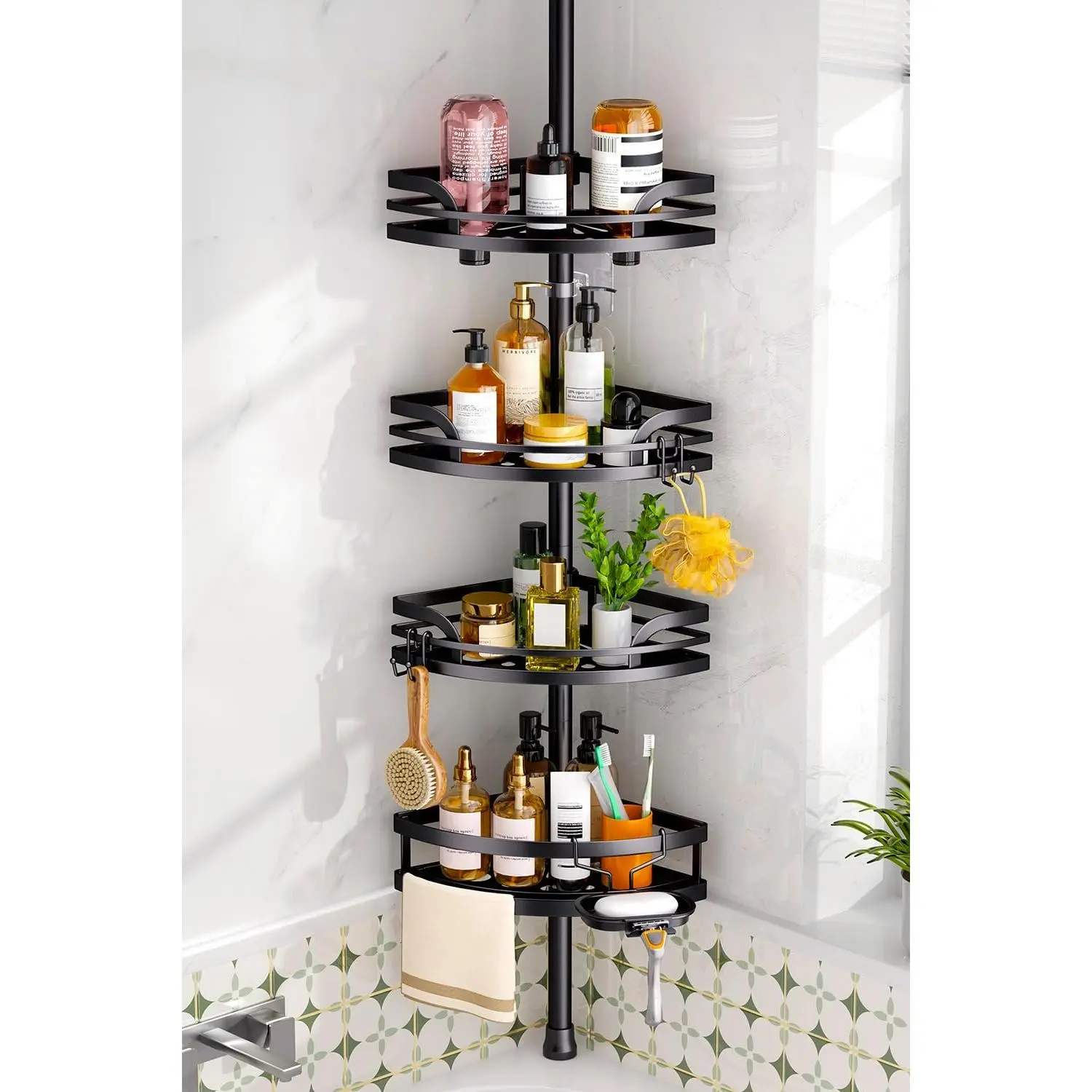 Shower Tension Pole: Rustproof Corner Shelf for Renters, 47-121inches Organizer with Soap Holder-Large Capacity Rack for Shampoo Home Accessory - Black