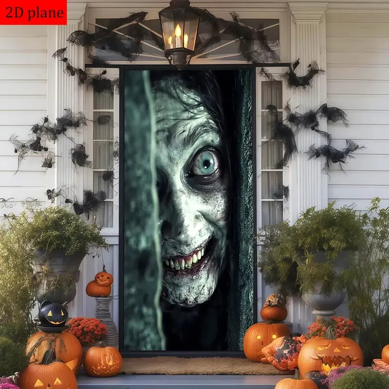 Scary Witch Halloween Door Cover, Spooky Ghost Face Elastic Fabric Door Curtain With Elastic Band, Haunted House Front Door Decor for Halloween Party Home Decoration
