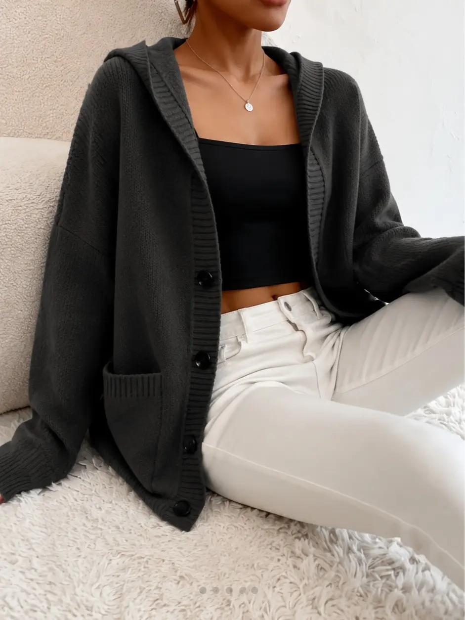 Women's Simple Heavyweight Hooded Knitted Sweater - Fitted Long-Sleeve, Buttoned, Skin-Friendly Soft Versatile Foldable Polyester-Acrylic Top for Casual, Street Wear, Thanksgiving, Valentine's Day Black Womenswear