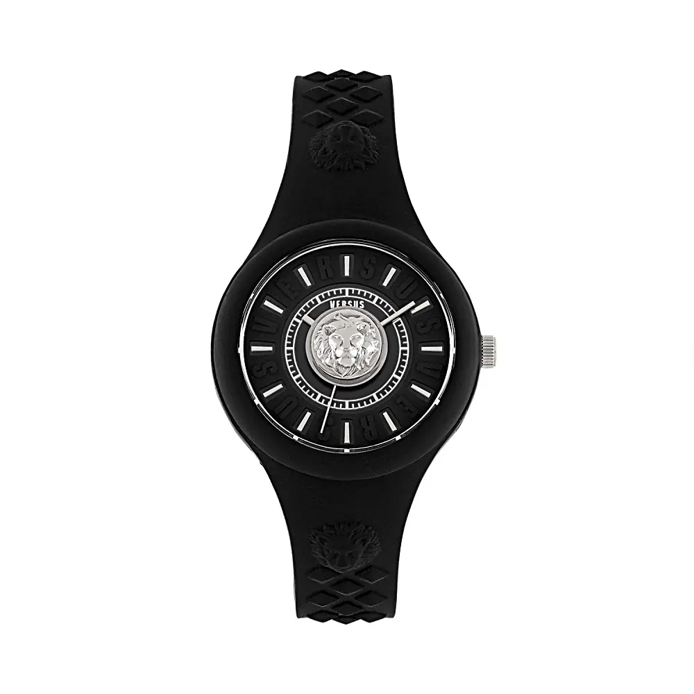 Fire Island Collection Women's Watch, 39mm Urban Style Black Silicone Watch with 3D Lion Heads and Stainless Steel Details, Watches