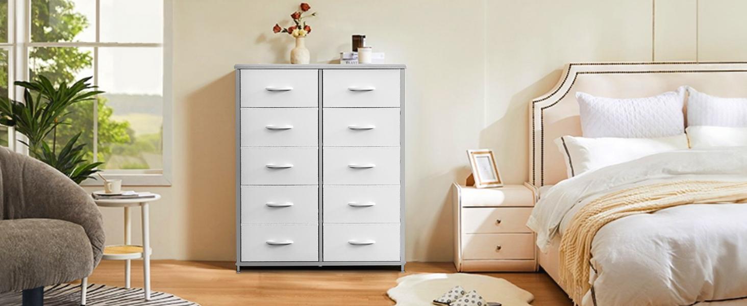 【Deal】Cupboards Cabinets Dresser - Fabric Storage Tower with 10 Drawers, Bedroom Organizer, Chest of Drawers with Fabric Bins