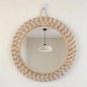 1pc Viral Boho Jute Woven Round Wall Mirror - Rustic Aesthetic Home Decor for Bedroom Entryway Wall Hanging Mirror