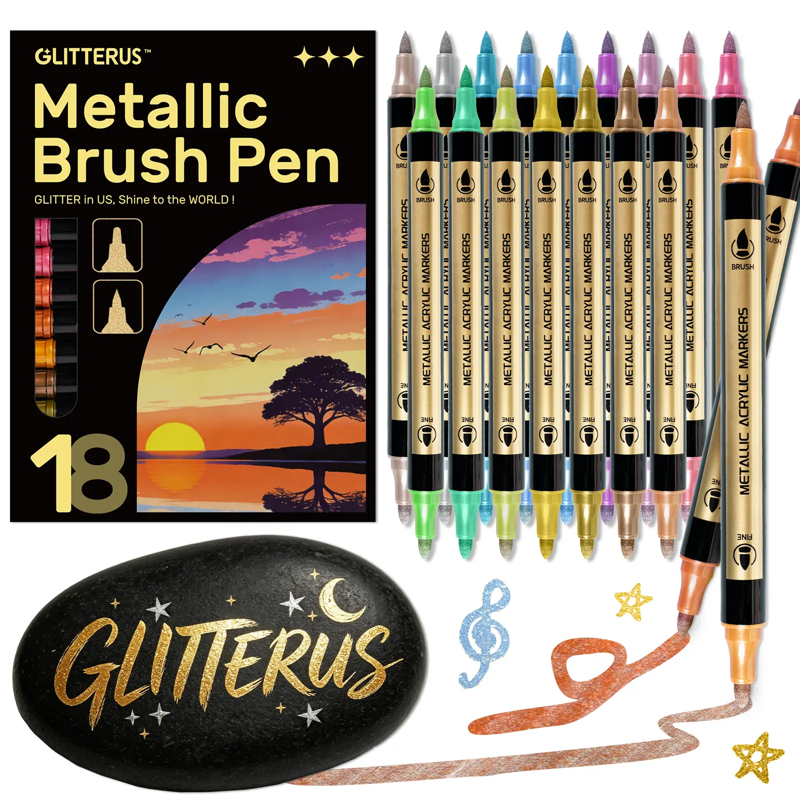 Glitterus Metallic Acrylic Paint Markers - Dual Brush & Fine Tips Unisex Art Supplies for Fabric, Rock Painting, Ideal for Adults, Art for Kids, Thanksgiving, Easter, Valentine's Day Gifts, Guest Book Decor