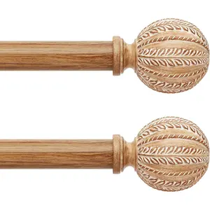 2 Pack Adjustable Light Wood Curtain Rods for Windows 30''-88'', 1'' Diameter Heavy Duty Rustic Farmhouse Drapery Rods with Boho Imitation Wood Grain Decorative Finials