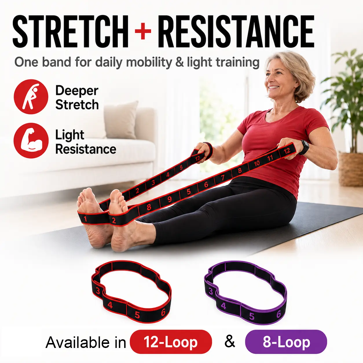 Numbered Elastic Stretch Strap with Loops, Light Resistance Flexibility Band for Older Adults, Beginners, Chair Yoga, Gentle Mobility and Home Exercise, 1 pc,Yoga Elastic Band,Resistance Bands,Yoga Number Band Shoulder and Back Opening Fitness Resistance