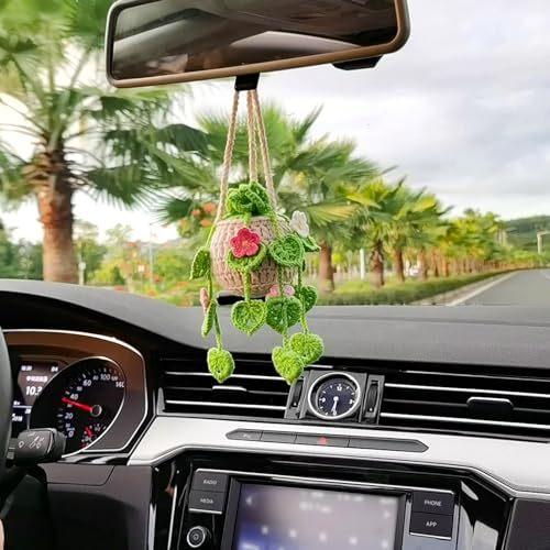 Handmade Crocheted Plant Car Pendant, Cute Knitted Hanging Basket Flower Doll, Rearview Mirror Hanging Ornament, Boho Car Interior Decor Accessories for Women