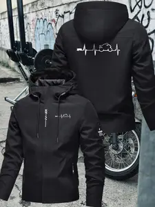 Men's Casual Black Hooded Windbreaker Jacket, Hooded Design, Lightweight Motorcycle Riding Jacket with Zip Closure, Car Heartbeat Line Trend Print, High-Quality Fabric, Functional Zip Pockets, Lightweight Outdoor Jacket for Skiing, Hiking & Mountaineering