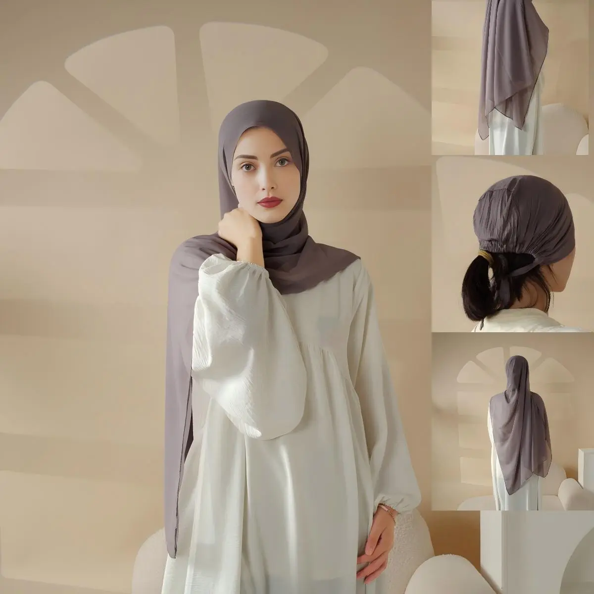 Women's Modest Formal Chiffon-Rayon Hijab Set with Cord Base Cap, 2pcs Tudung Chic Instant Hijab (MH037)