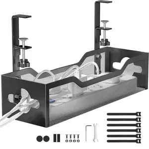 Under Desk Cable Management Tray No Drill, Metal Mesh Cable Management Under Desk with Clamp Mount, 2 Hole Cable Tray with Wire Management and Cord Organizer for Home Office Standing Desk