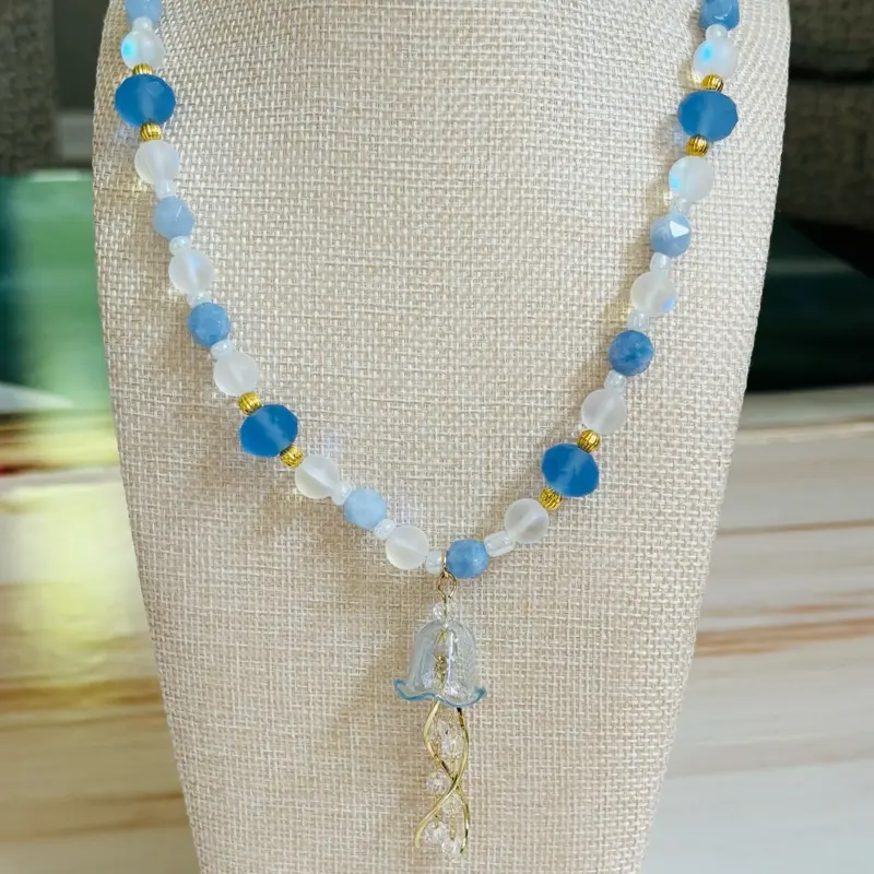 Jellyfish Charm Necklace | Crystal Glass Beads| Coral Beaded Necklace | Frosted Blue, White, Gold Necklace