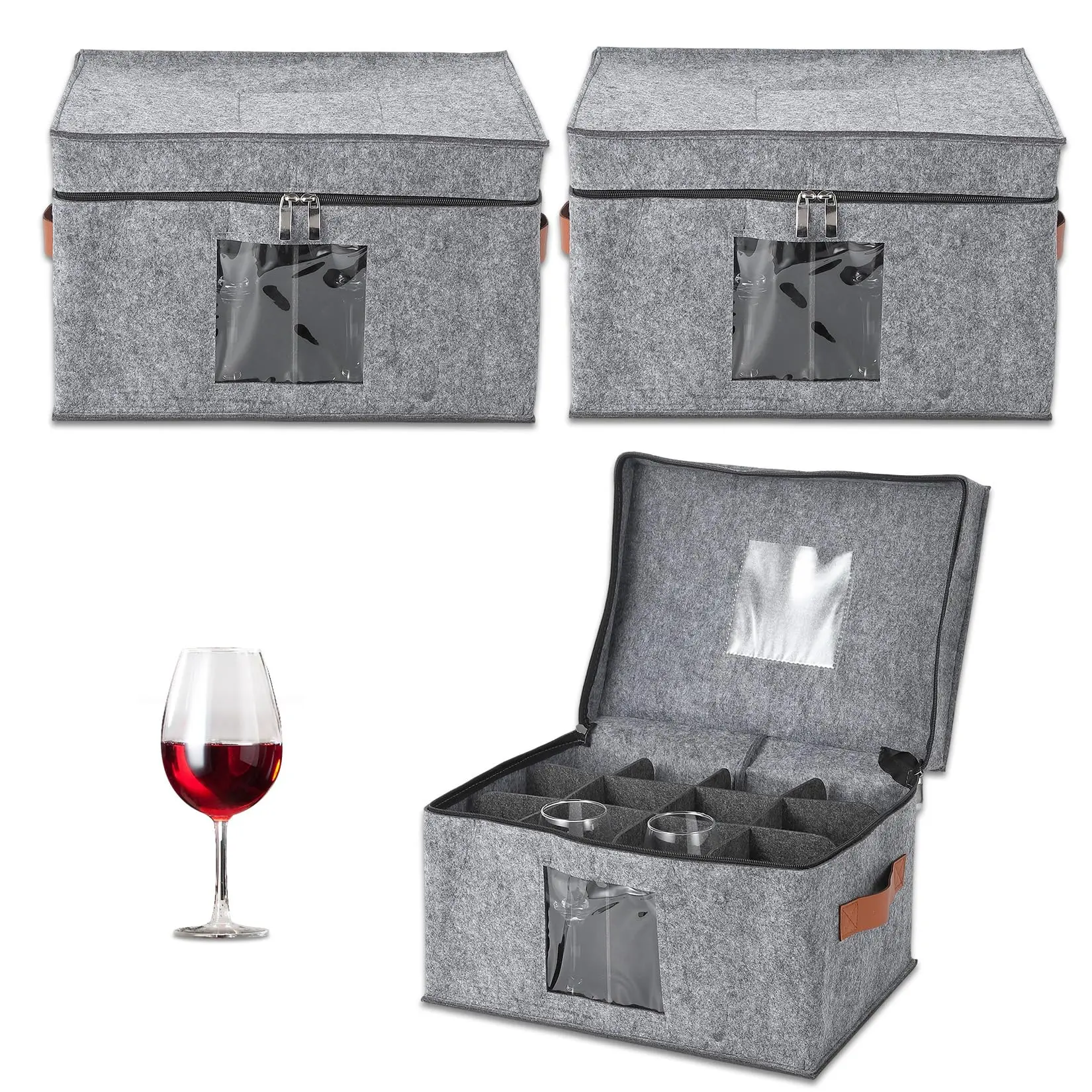 Garvee 3-Pack Stemware Storage Box with Dividers, Large Felt Glass Holder Organizer 16x11.5x10 in, Includes Lids & Handles for Secure Wine Glass, Champagne Flute, and Crystal Cup Protection and Moving