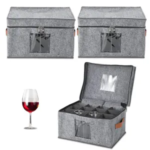 Garvee 3-Pack Stemware Storage Box with Dividers, Large Felt Glass Holder Organizer 16x11.5x10 in, Includes Lids & Handles for Secure Wine Glass, Champagne Flute, and Crystal Cup Protection and Moving