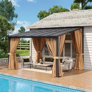 Aoxun 10'x12' Wall-Mounted Lean-to Gazebo - Outdoor Patio Furniture, Aluminum Frame, Polycarbonate Panel, Sloped Roof, Mosquito Net, Curtains for Backyard, Porch