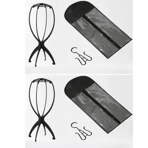 2 Packs Wig Storage Bags with 2 Pack Wig Head Stand, Travel Wigs Holder Hat Display Wig Set for Home Salon Use (Black)
