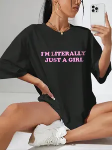 Women's Slogan Print Round Neck Graphic Tee, Vintage Trendy Style Casual Drop Shoulder Half Sleeve T-shirt For Daily Wear, Ladies Summer Clothes, Graphic Tees Women, Clothing, Tshirt