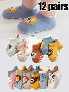 12 Pairs Baby Anti-Slip Socks  Pack, Soft Fabric Fun Patterns Cartoon & Animal Pattern Floor Socks for Boys & Girls, Autumn Winter Toddler Walking Socks