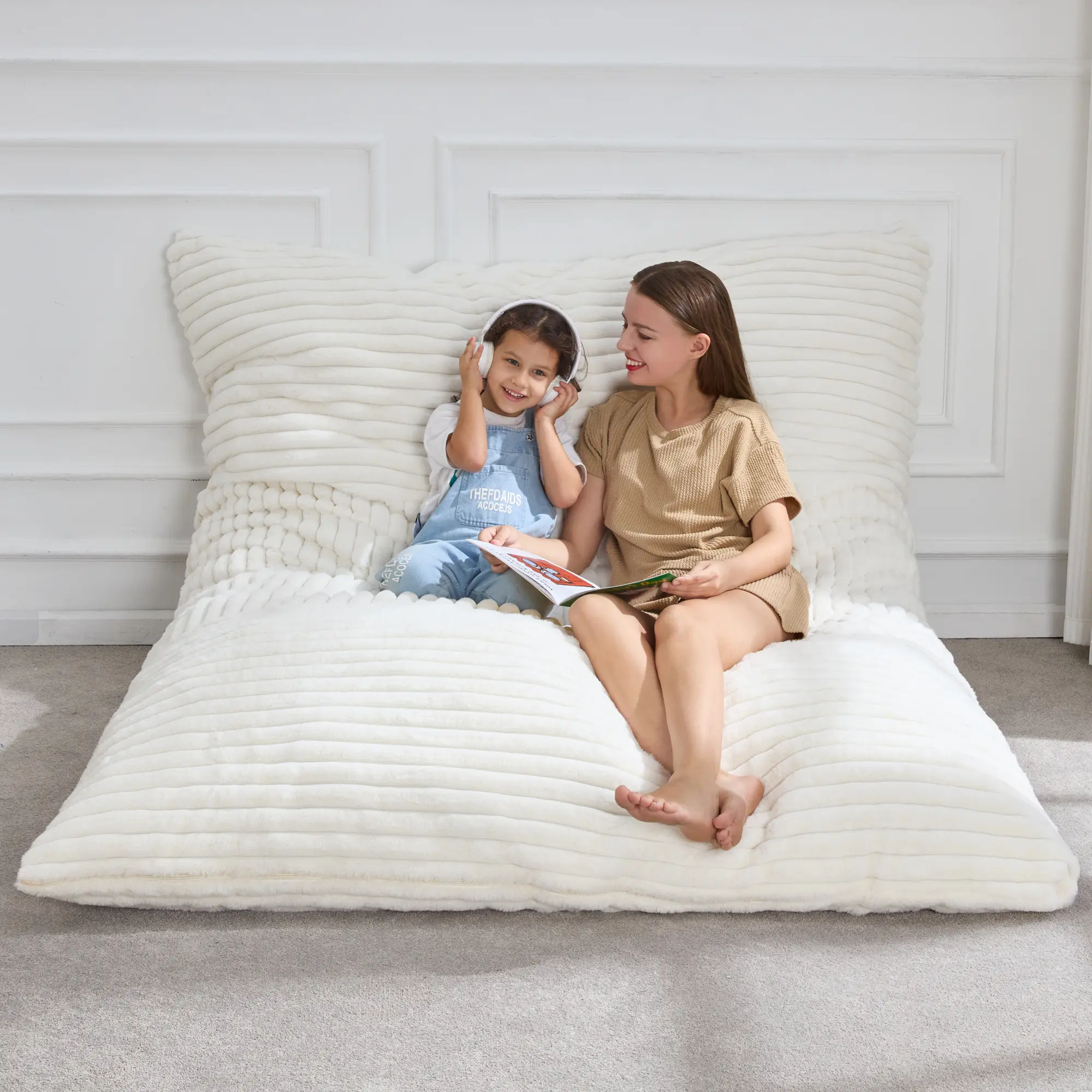 Hobestluk 3-in-1 Giant Bean Bag Lounger - Floor Sofa Chair with Machine Washable Cover, 4-Strap Secure Fit, Bounceback Support, 56"D x 76"W x 7"H for Adults, Beanbag Lounger