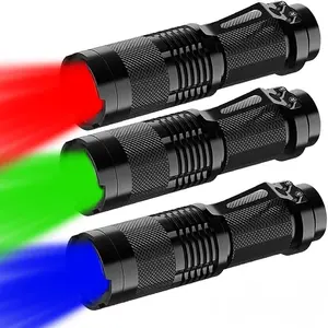 3 Pack Flashlight with Red Blue Green LED, 3 Color Modes for Signaling & + White Light with Zoom & 3 Modes (High/Low/Strobe), with Clip for Camping, Fishing, Emergency,Security