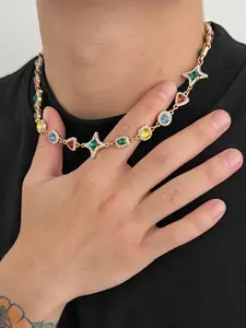 Bohemian Geometric Colorful Rhinestone Chain Necklace, Vintage Casual Fashion Jewelry Gift for Men, All Seasons Wearable Accessory, Elegant Rhinestone Necklace