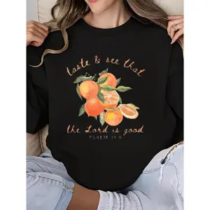 Trendy Christian Orange Fruit Print Sweatshirt, Bible Verse Crew Neck Long Sleeve Women's Faith Apparel, Citrus Farmer's Market Jesus Graphic Preppy Beach Sweatshirt