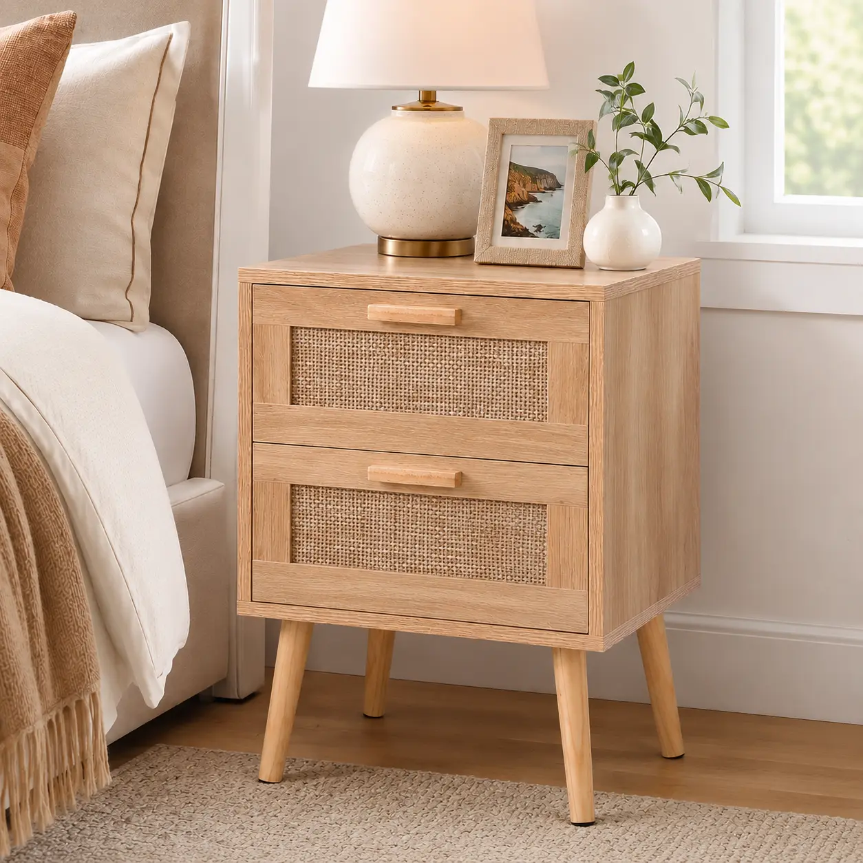 Mid-Century Rattan Nightstand with 2 Drawers and Solid Wood Legs, Cane Storage Cabinet for Bedroom, Easy-Assembly Indoor End Table