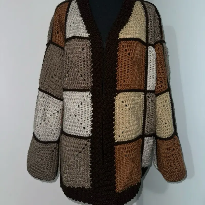 Crochet Granny Square Cardigan L/XL - Brown and Beige Color Block Design