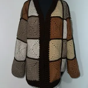 Crochet Granny Square Cardigan L/XL - Brown and Beige Color Block Design