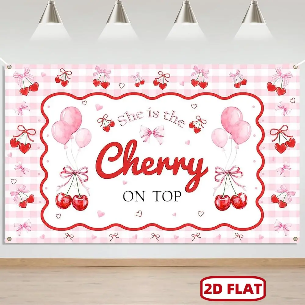 2D Flat, 2D Flat Banner 1pc, She's the Cherry on Top of This Dessert Platter! Newborn Party Background Banner - Pink and Red Cherry Theme with Balloons and Cherry Blossoms, Elegant Party Decorations, Suitable
