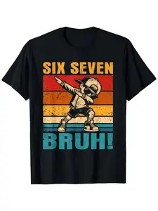 Fun Six Seven Bruh Internet Meme T-Shirt  - "67" Number Design with Dab Dance Pose - Casual Round Neck Tee, Comfortable for All Seasons, Trendy Gift for Youth - "67" Graphic and Bruh Text, Spring/Summer Vacation Wear