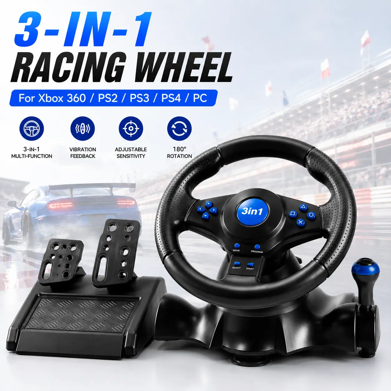 3 in 1 Racing Wheel with Pedals & Shifter, USB Driving Steering Wheel Controller for Xbox 360 PS3 PS2 PC, Vibration Feedback Gaming Racing Wheel backtoschool
