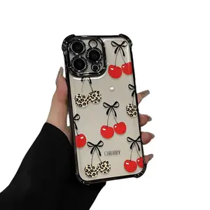 Cherry Fashion Phone Case for iPhone 16 15 14 Pro Max 13 12 11 Four-Corner Drop Proof TPU Protective Cover with Leopard Print & Red Cherries Design magsafe iPhone Case Protector Casing