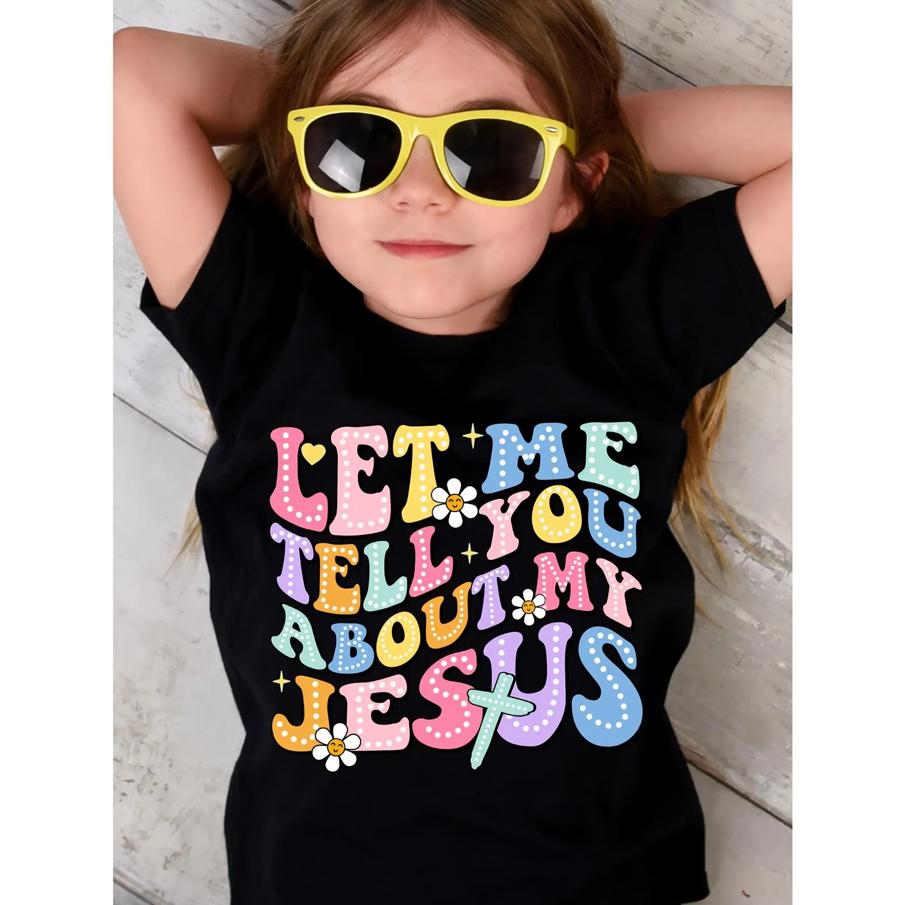1pc Spring/Summer Casual Crew Neck Polyester T-Shirt for Girls, "Let Me Tell You About My Jesus" Colorful Letter Print, Regular Fit Knit Top with Slig