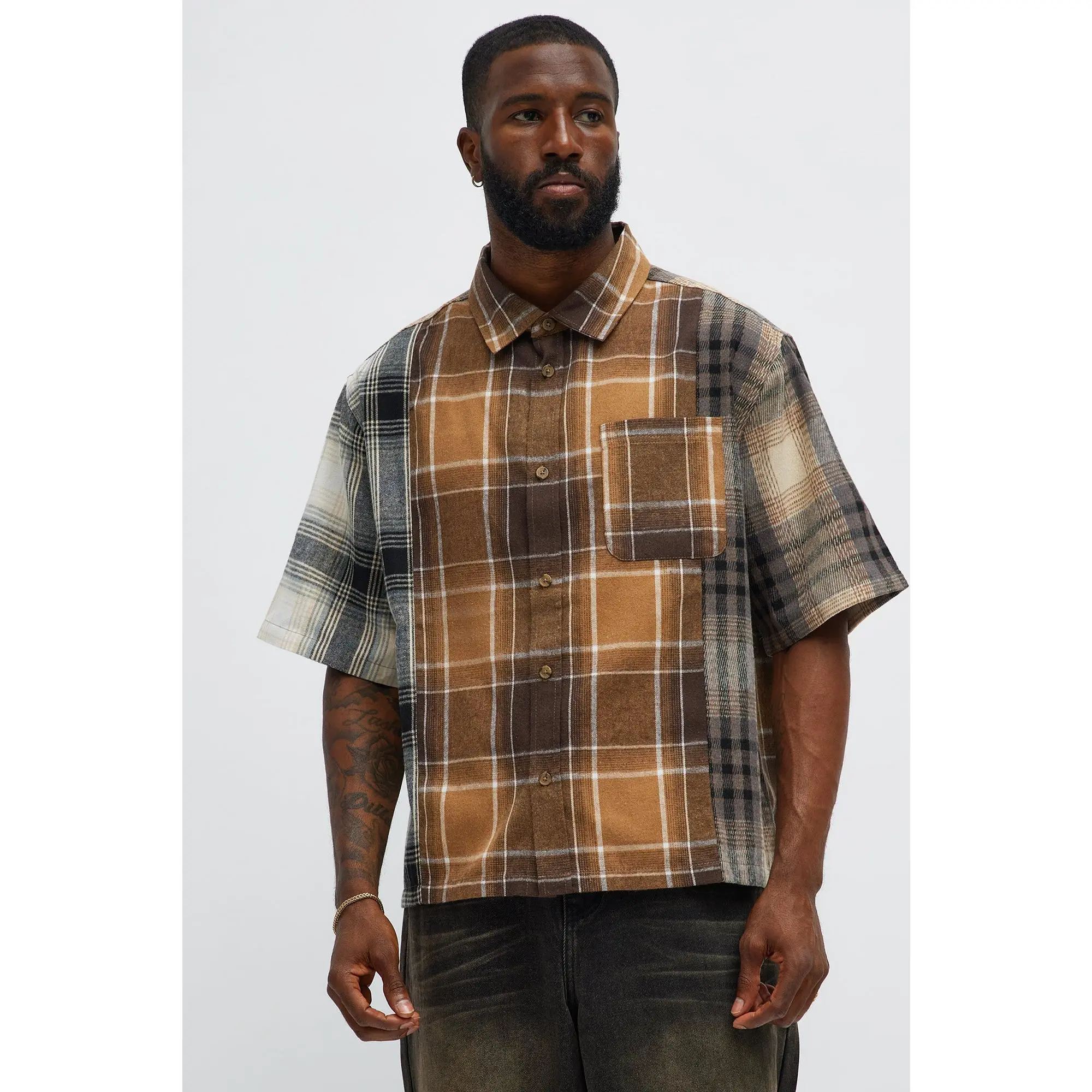 Cropped Patchwork Flannel Button Up - Brown Combo