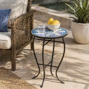Christopher Knight Home ARCH Round Outdoor Side Table - Mosaic Top with Ceramic Tiles, Curved Iron Frame Legs, Blue/White/Matte Black Finish, Patio Furniture, Outdoor Patio Furniture