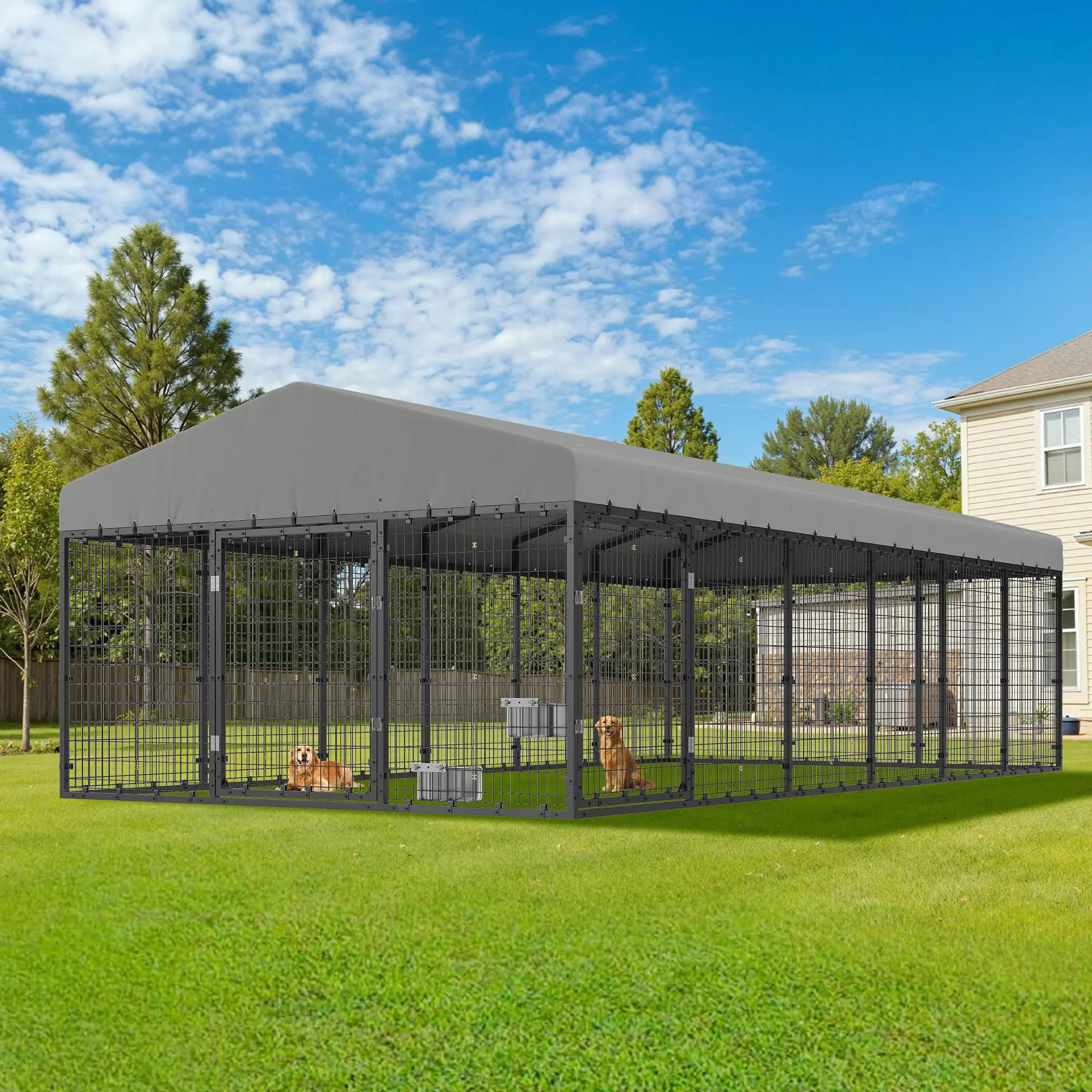 AMERLIFE 3 Size Large Outdoor Dog Kennel, Flexible 2 Door Design & Waterproof Roof, Heavy Duty Steel Frame Pet Cage with Reinforced Mesh, Secure Outside Dog Kennel for Dogs, Pets, Farm & Backyard Spaces[tiktokshopbacktoschool][SohoChic]