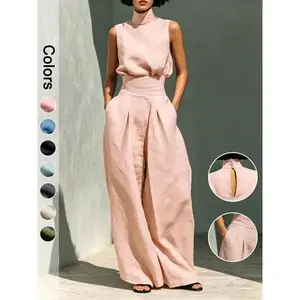 MG1 Minimal High Neck Sleeveless Top, Retro Boho Ruffle Sleeveless Top and Pants Set, Solid Color Casual Suit,  2-Piece Elegant Set Chic Mock Neck Halter Top & High-Waisted Wide-Leg Pants, Trendy Old Money Aesthetic Outfit for Summer（Size Up Recommended）