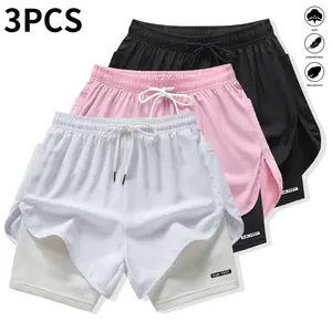 Pack of 3 women’s casual athletic pants, faux two-piece design, solid color, with inner lining, elastic drawstring waistband, suitable for outdoor fitness, running, sports, and casual wear; women’s shorts,summervibes