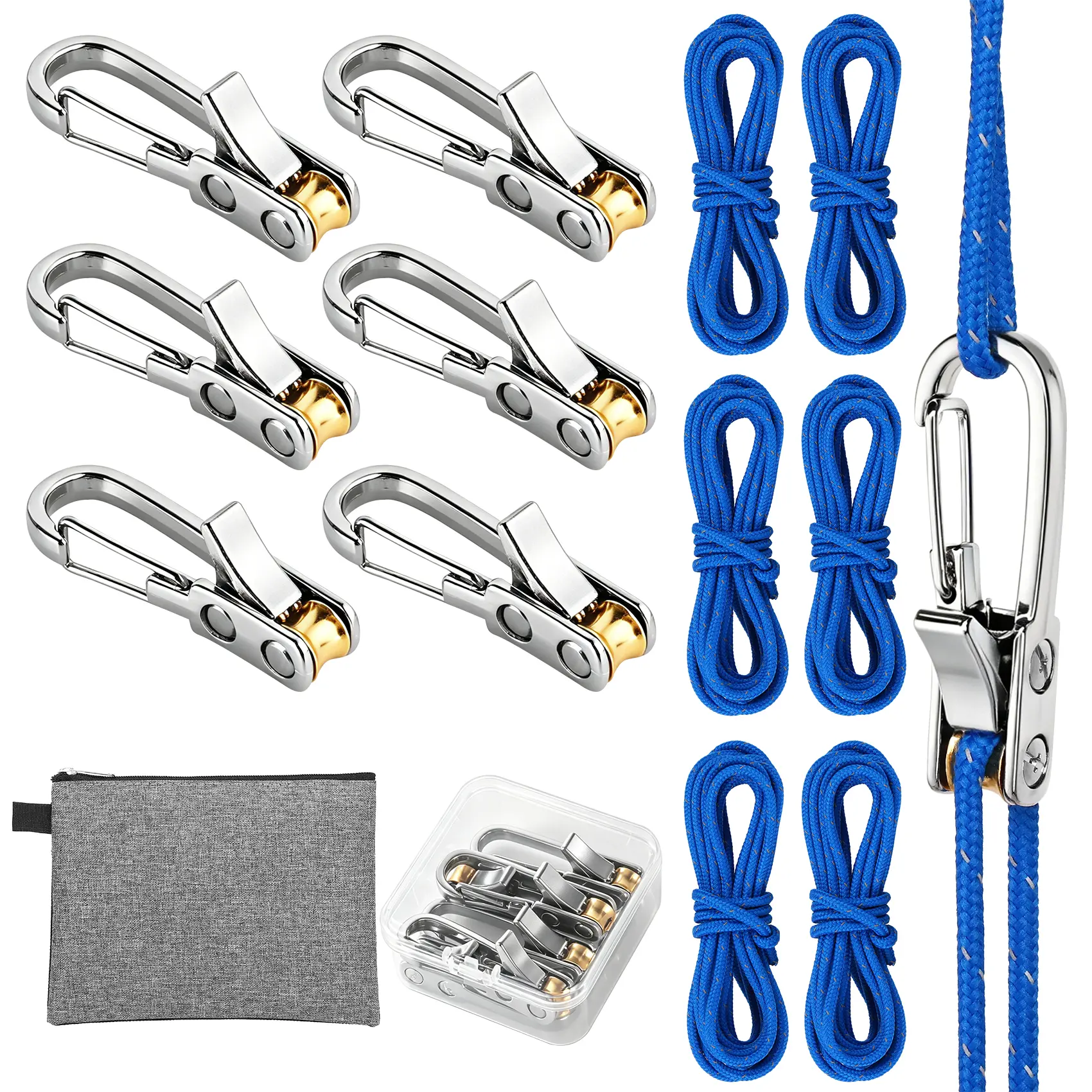 Rope Rollers 6/12 Pack With Storage Bag, Adjustable Tie Down Ropes With Alloy Cam Buckles, No-Knot Rope Tensioners & Rope Tightening Tools For Camping Tent, Tarp, Hammock, Cargo, Truck, Boating & Outdoor Gear