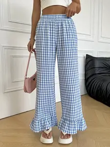 Women's Plaid Patchwork Hem Wide Leg Pants, Casual Home Wear, Comfortable and Stylish, Perfect for Daily Use, Trendy Fashion Bottoms