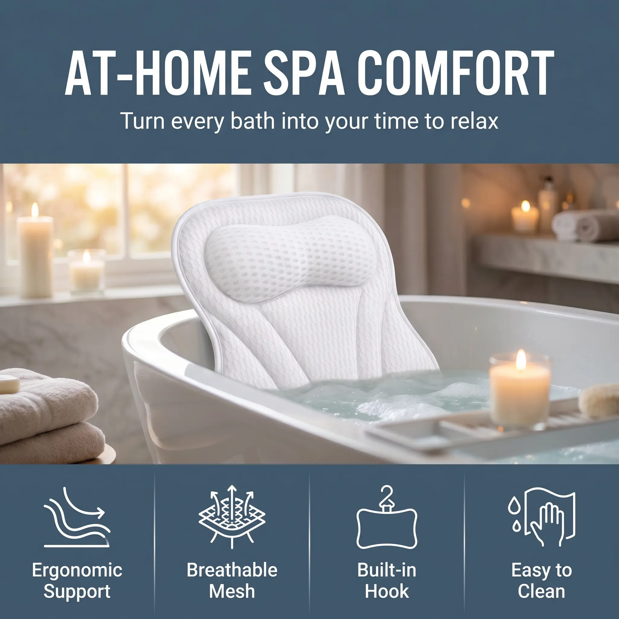 Mesh Fabric Bathtub Accessory Bath Pillow - Ergonomic 4D Curved Design for Neck & Shoulders, 6 Suction Cups, Lightweight, Machine Washable, Clean Relaxation Aid, Long-Lasting Comfort, PVC, Thoughtful Beauty & Personal Care Gift, Bathroom Accessory, Though