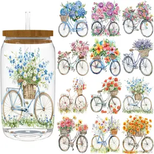 16oz UV DTF Cup Wrap - Removable - DIY UV DTF Transfer Papers for Mug Cups,Notebook - Easy-Peel UV DTF Transfers for Smooth Surfaces (Bike with Flowers)