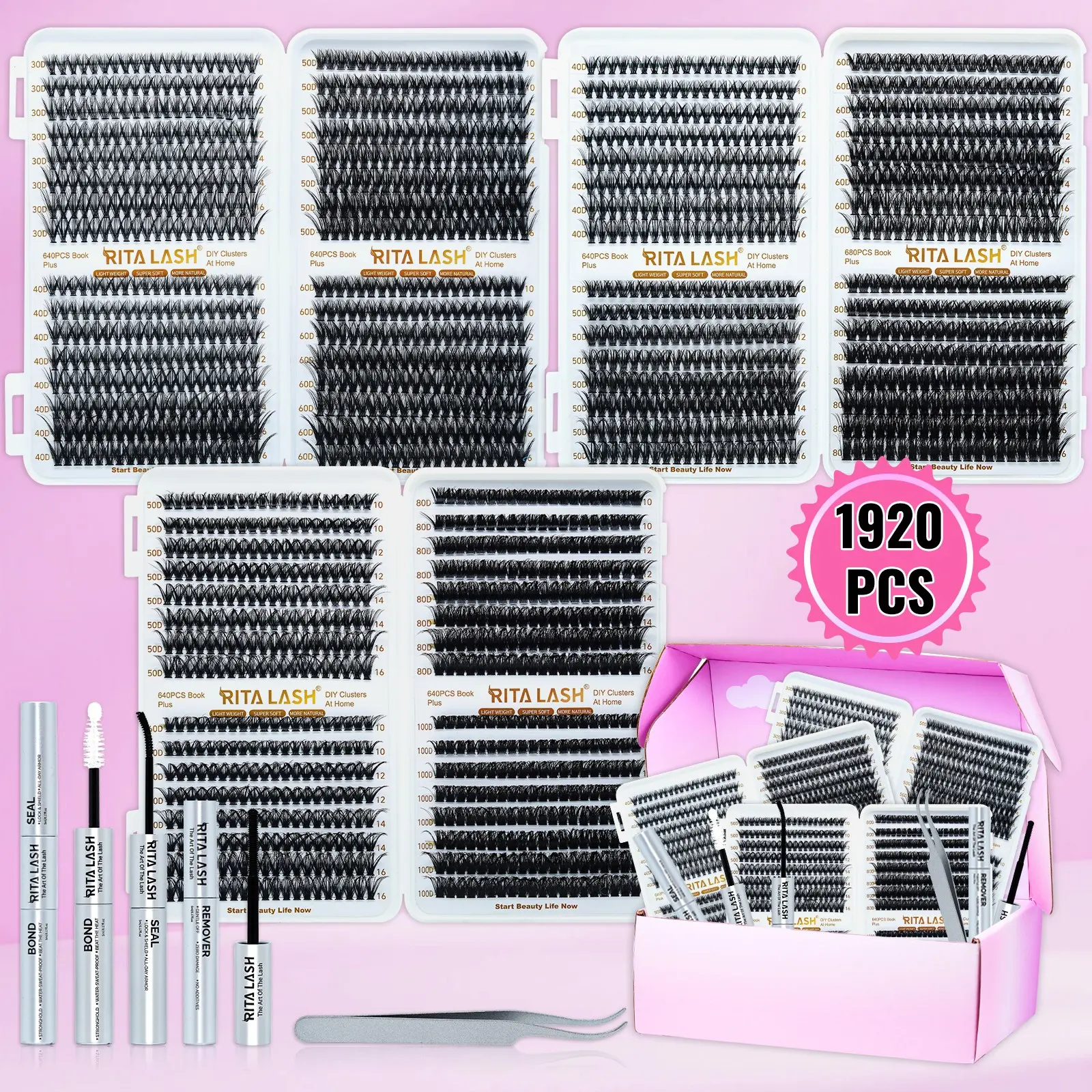 RITALASH Lash Clusters Kit, 1920 Pcs Eyelashes Clusters Extensions Kit 10-16mm Individual Lashes D Curl Wispy Black False Eyelashes with Bond Seal Remover Tweezers Eyelash Glue Extension DIY Lash Kit Includes Lash Tools (30D+40D+50D+60D+80D+100D)