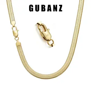 Titanium Steel 14K Gold Plated Herringbone Necklace for Men| 7mm Flat Snake Bone Blade Chain| Waterproof Tarnish Free Jewelry