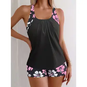 Elegant2pcsFloralPrintTankini-Women'sSwimsuitSetWithAdjustableStrapsAndHighWaistBottoms