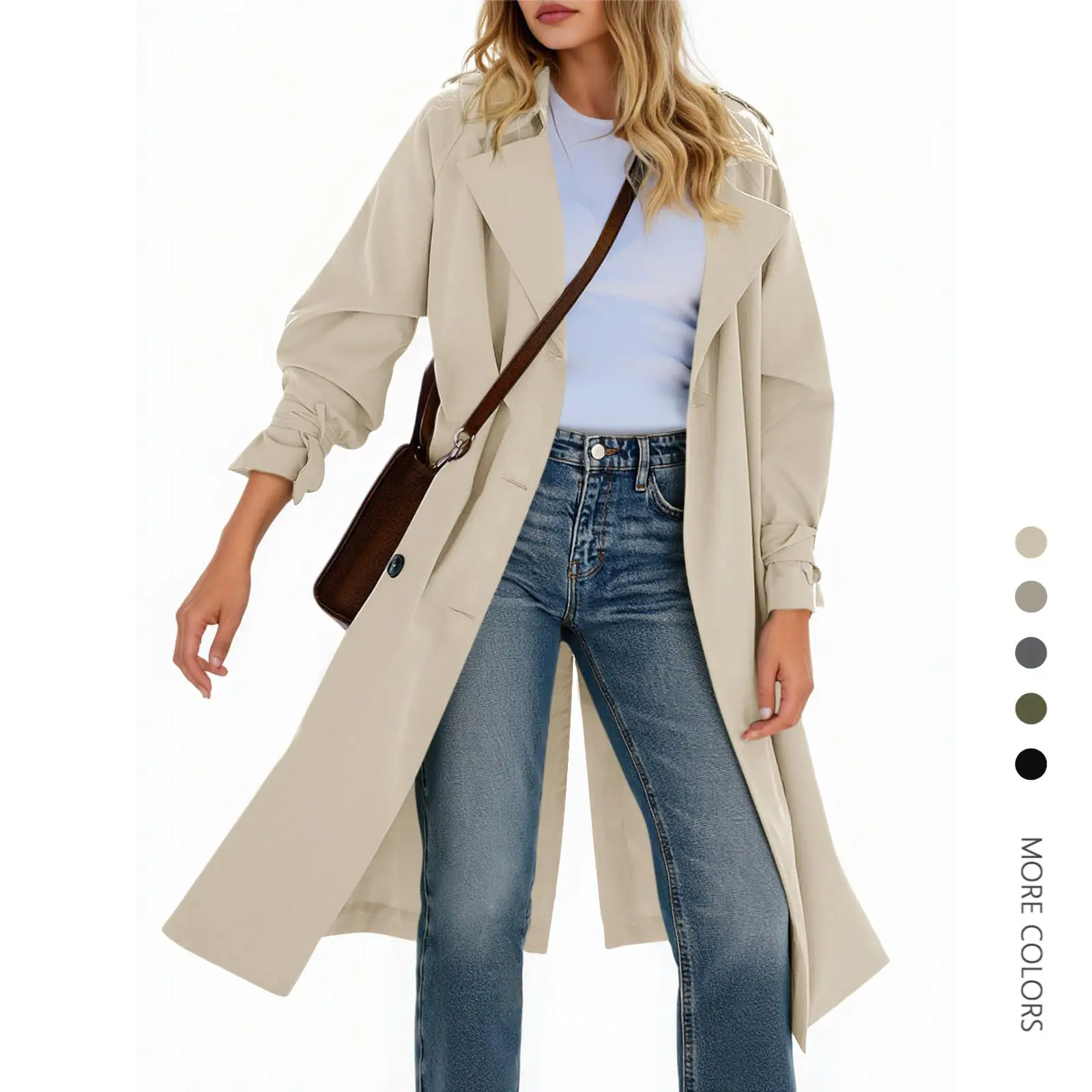 Danedvi Women's Fashion Long-Sleeve Collared Lightweight Solid Trench Coat - Double-Breasted, Oversized, Windproof, Adjustable Belt, Stylish Spandex Fabric Tops Outerwear