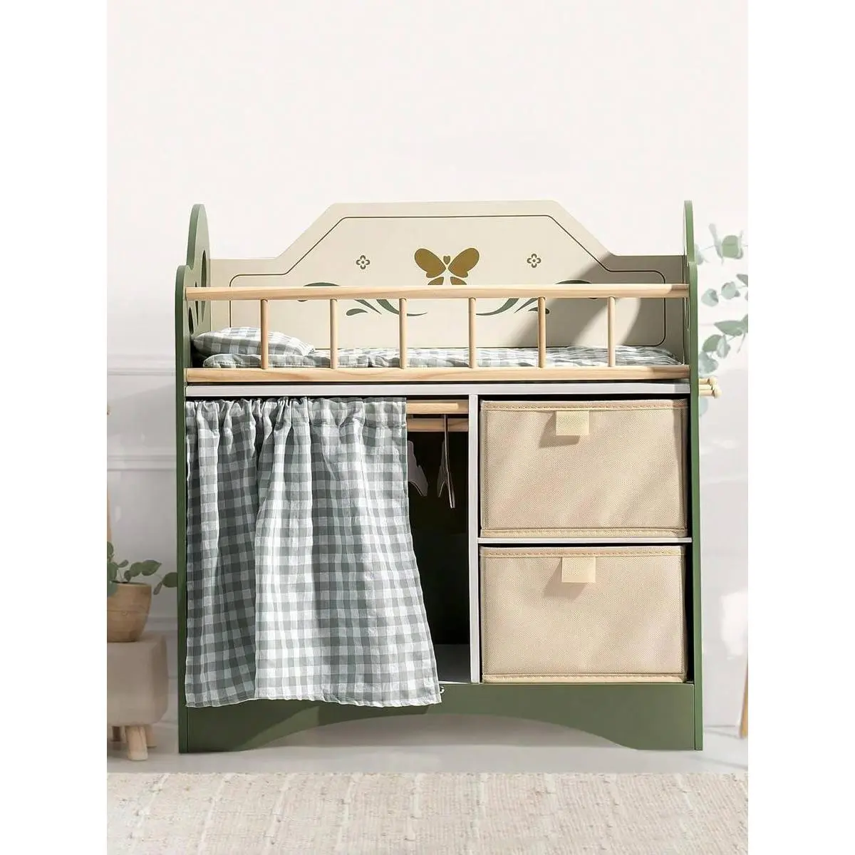 Baby Doll Crib, Wooden Doll Bed, Toy Baby Crib With Storage, Bedding, And Wooden Hooks, Doll Crib Fits Dolls Up To 21", Doll Furniture For American Girls Ages 3+