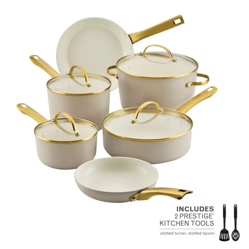 12-Piece Forged Induction Ceramic Nonstick Cookware Set with Gold Accents - Aluminium Cooking Pan Set with Lids, Saucepan, 2 Prestige Kitchen Tools