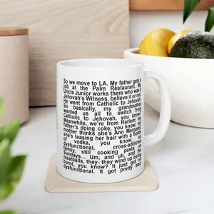 [MADE IN US] Queen of Melrose “My Father Gets a Job at the Palm Restaurant” Mug, Funny Story Paragraph Ceramic Coffee Mug 11oz 15oz, Minimal Black Text Cup, Literary Humor Mug, Unique Gift