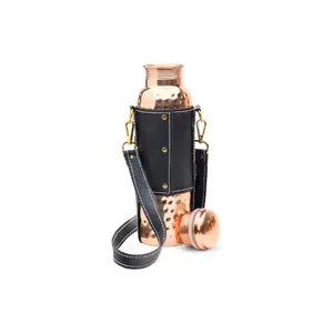 Kitchen Science 100% Pure Copper Water Bottle with Leather Carrying Bag 34oz, Lab-Tested Heavy Duty Leak-Proof Authentic Ayurvedic Drinkware