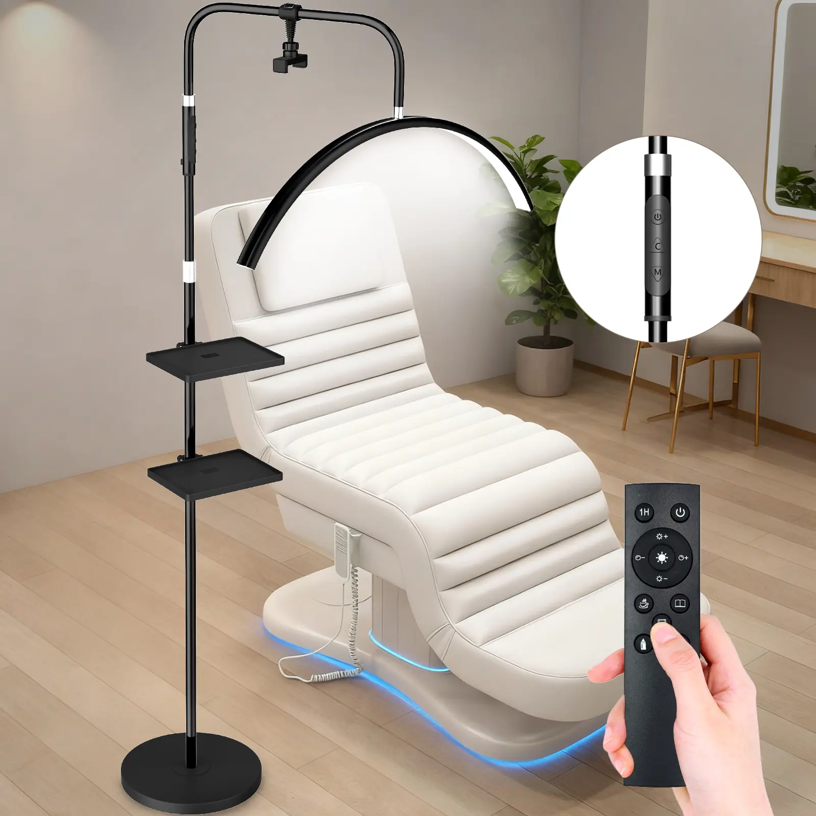 Young Master Half Moon Lash LED Floor Lamp - Adjustable-Height, Gooseneck Arm, Adjustable LEDs, 24W 1500LM Shadowless Dimmable Touch Light, 4 Color Modes, Built-in Phone Holder, 2 Storage Trays, LED Chips for Eyelash Extensions Estheticians, Crafting, Nai